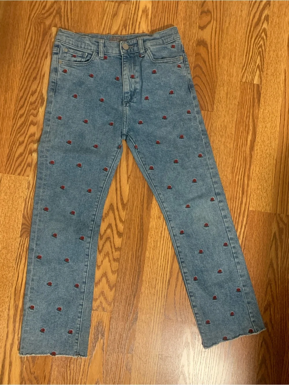 DL1961 Blue Straight Jeans with Red Heart Embroidery